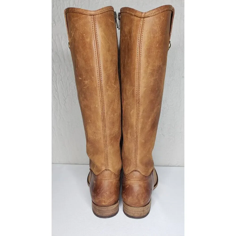 Frye Melissa Size 7B Button Inside Zip Tall Leather Boots Cognac Distressed